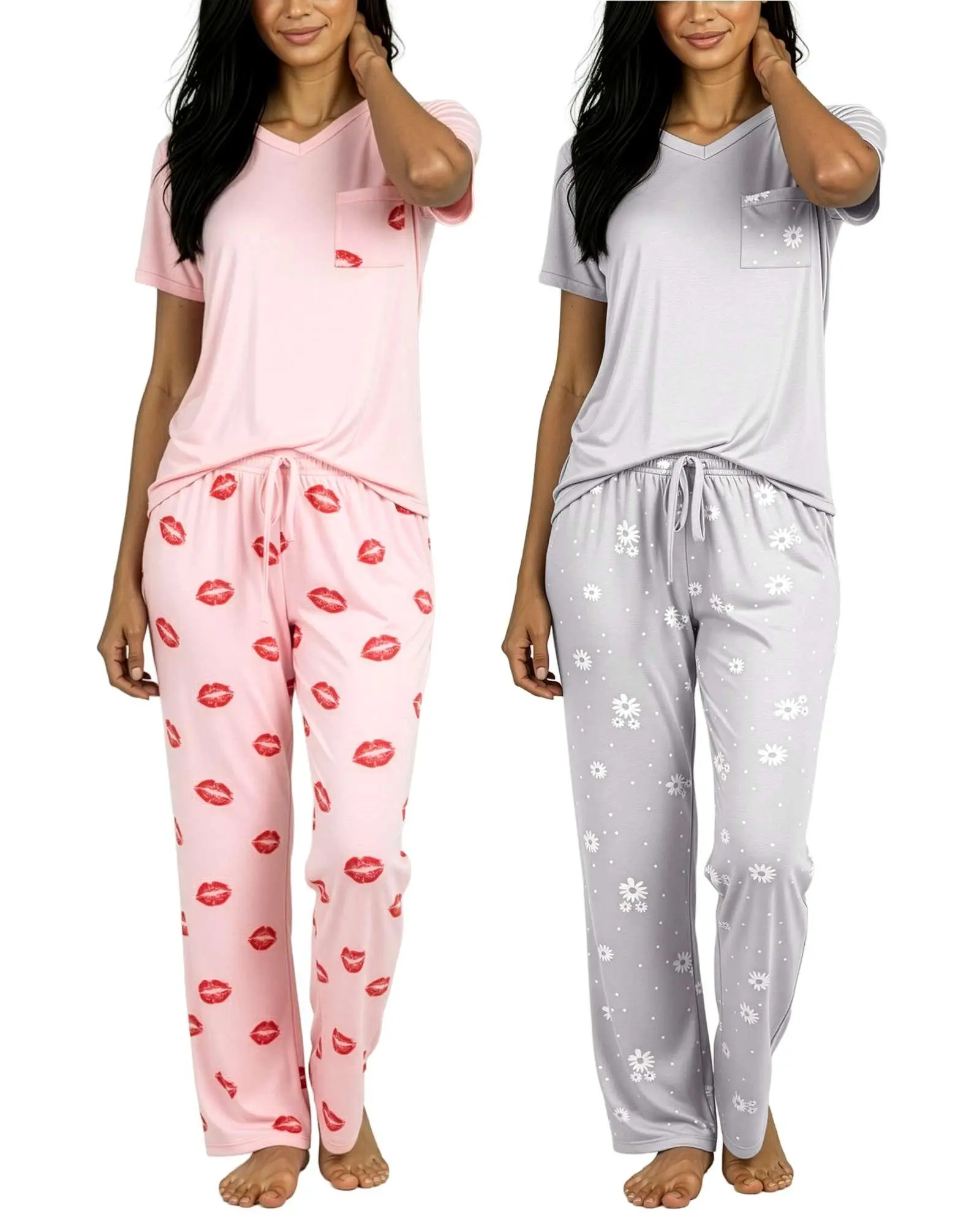 Real Essentials 2 Pack: Women's Comfy Pajama Sets - Short Sleeve Ladies Loungewear Sleepwear PJs (Available In Plus)