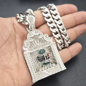 Puerto Rico Silver Plated Large Pendant & 10mm 16" 18" 20" 24" 30" Iced Cuban Chain Hip Hop Necklace Jewelry Unisex Men Women