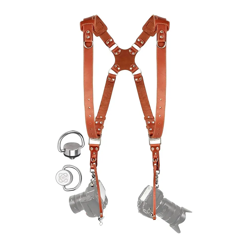 Coiro Camera Harness for 2 Cameras – Dual Shoulder Leather Camera Strap – Double Camera Harness for DSLR/SLR, Camera Straps for Photographers of All Levels, Padded Straps/Color Tan