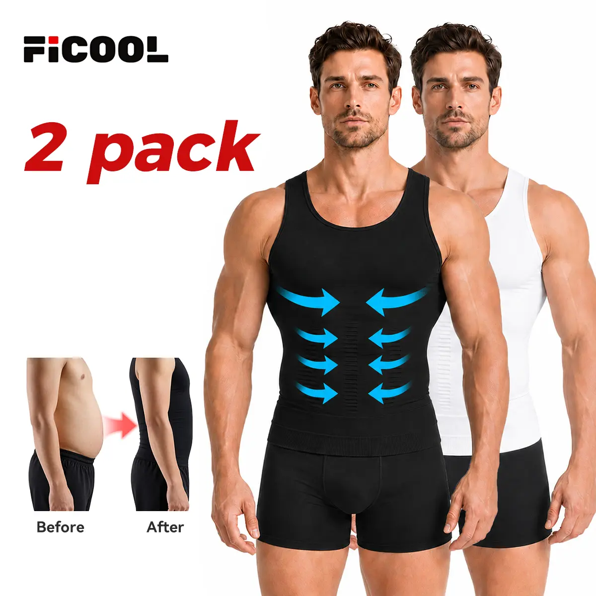 【2 Pack】Men's Compression High Stretch Tummy Shapewear Tank Tops Fajas Dry Fit Wicking Gym Shirt