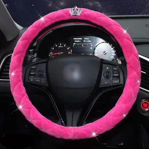 High Quality Pink Plush Car Steering Wheel Cover Women Diamond Crystal Crown Steering-Wheel Cases Auto Interior Accessories