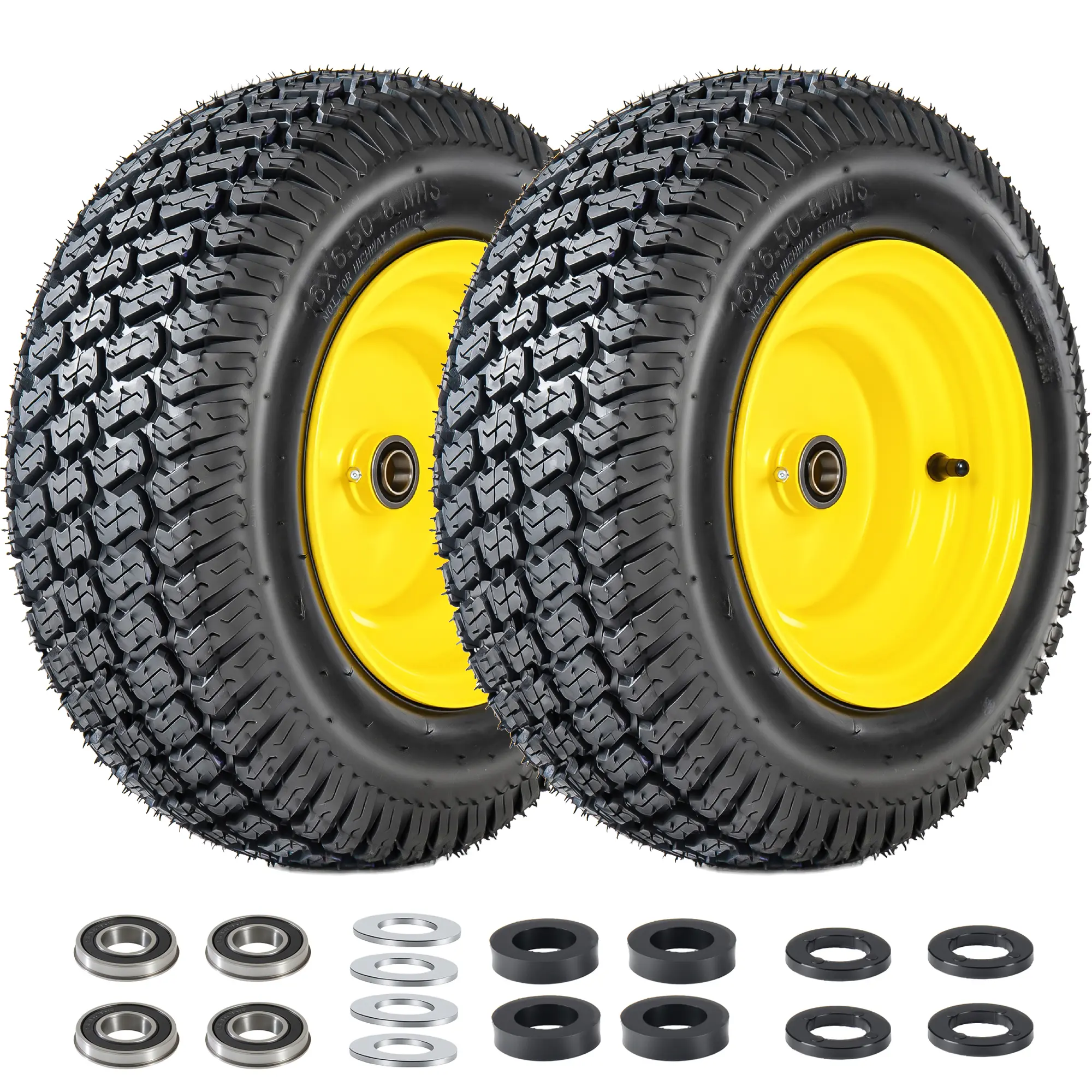 Set of 2 16x6.50-8 Lawn Mower Tires and Wheel Assembly, 4-Ply Tubeless Turf Tread Replacement, 3" Offset Hub with 3/4" Bearings, Yellow Steel Rim for Lawn Tractors, 620 lbs Capacity (Carefully review the dimension diagram)
