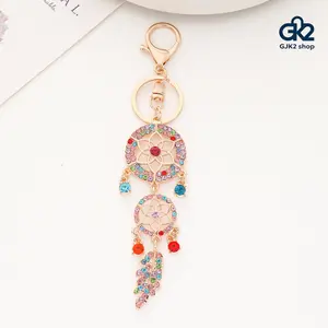 New Bling Rhinestone Dreamcatcher Keychain, Hollow Cutout Metal Feather Bag Charm Pendant, Car Rearview Mirror Hanging Ornament, Cute Small Holiday Gift for Women Girls