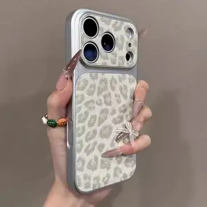 Luxury Leopard Print Glitter Cortex Phone Case For iPhone 11 12 13 14 15 16 17 Pro Max Plus Air Shockproof Bumper Cases Cover anxiety Magnetic Military Grade Rotating Camera