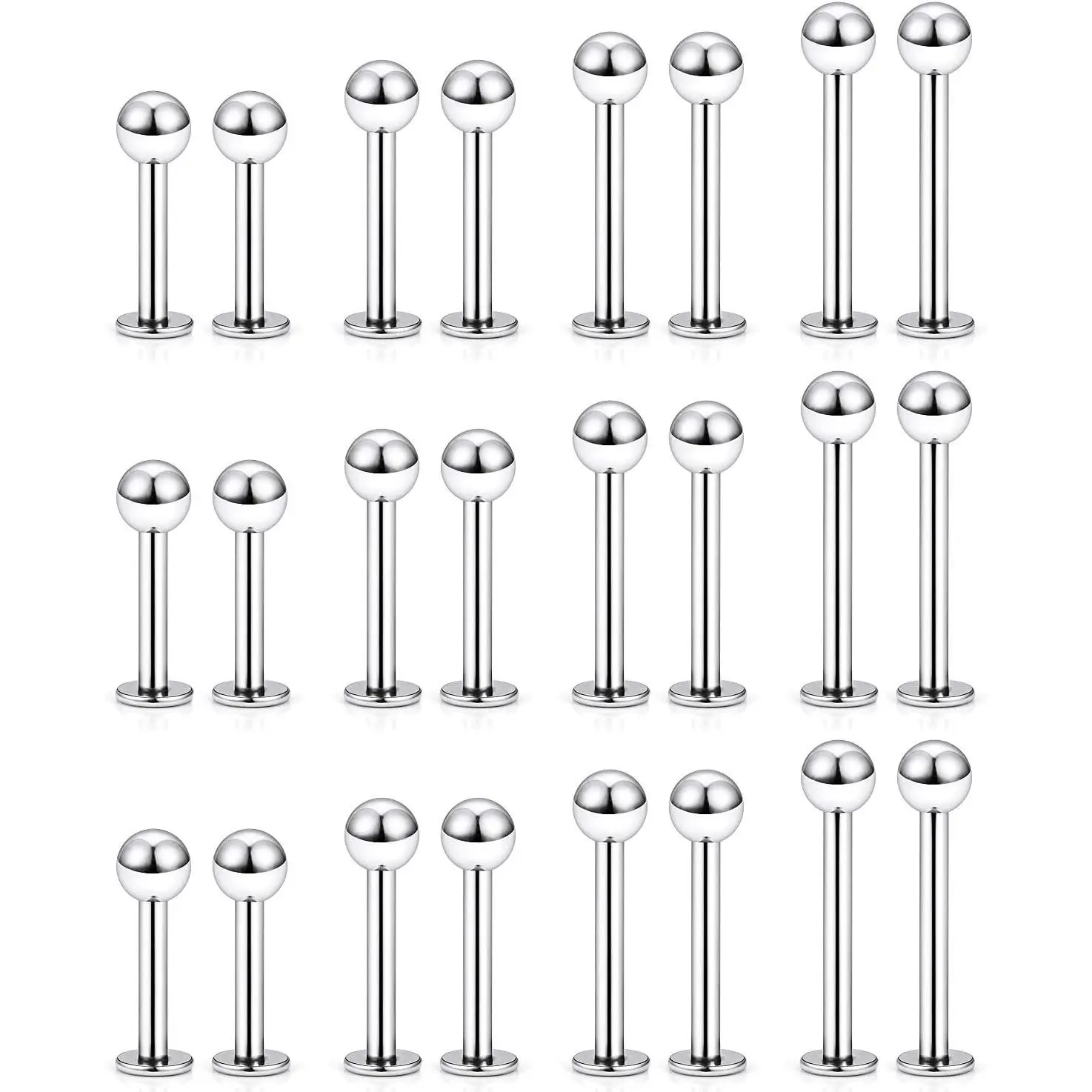 24pcs Stainless Steel Piercing Earrings Studs - 16G Hypoallergenic 10mm Straight Bar Labret Jewelry for Men, Multi-Length Flat Back Rings for Lip, Conch, Tragus Piercings, Body Art Accessories