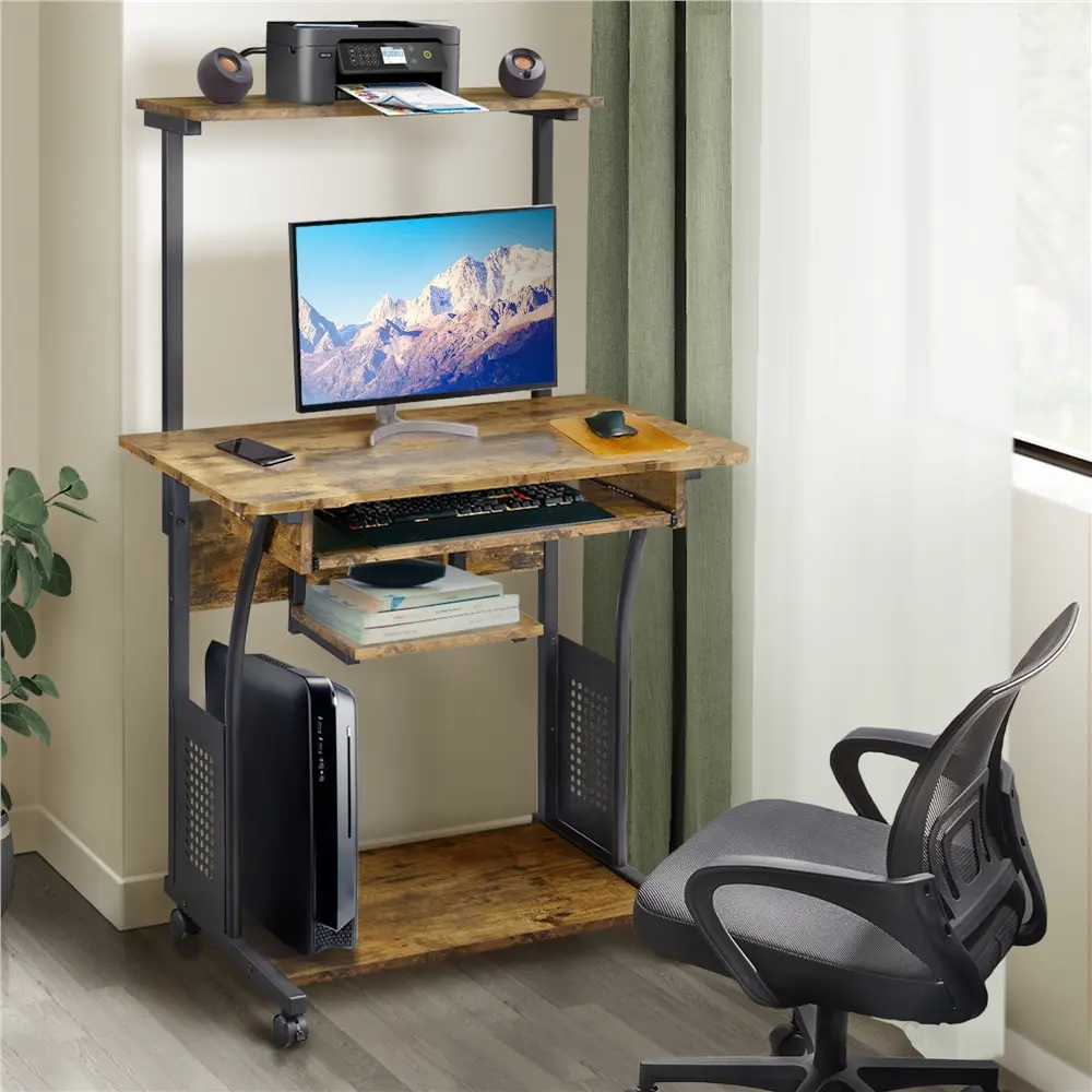 Yaheetech 3-Tier Multi Functional Ergonomic Computer Desk - Office Desk with Printer Shelf, CPU Stand, Keyboard Tray, Storage Rack - Durable CARB P2 Particle Board for Home Office, Ergonomic Desk, Multi Functional Desk