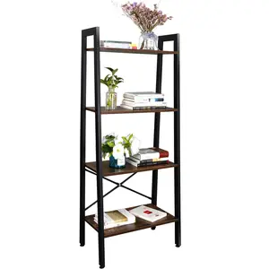 LEMY Home Ladder Shelf Metal Frame Four Tiers Modern Bookcase 22.4 x 13" Brown Industrial Style Freestanding Organizer Racks