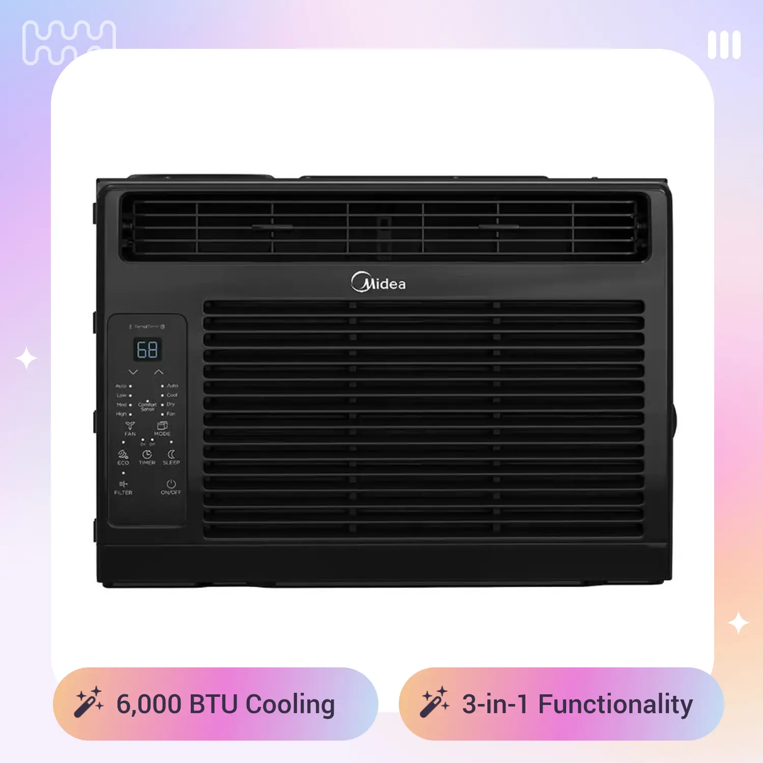 Midea 6000 BTU Window Air Conditioner MAW06R1WBL-T - Like New Black Unit with ComfortSense Remote Control, 3-in-1 Cooling/Dehumidifier/Fan, Energy Saver, Timer, Fits 23-36" Wide Windows, For 150 - 250 Sq. Ft.. Spaces, Open Box Premium Condition, Home Offi