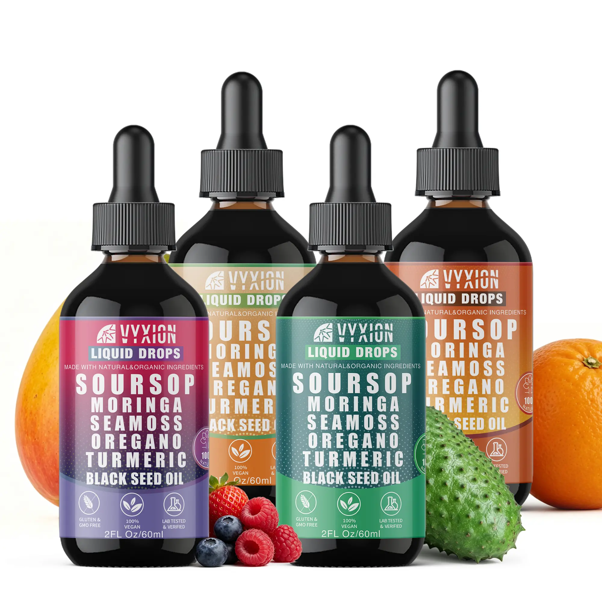 VYXION 10 In 1 4-Flavor Set Soursop Liquid Drops, ALL-IN-ONE Extract - Seamoss,Moringa,Black Seed Oil,Turmeric,Oregano Liquid,Multi-Vitamin Drops for Immune System and Gut Health Support - 4 Packs