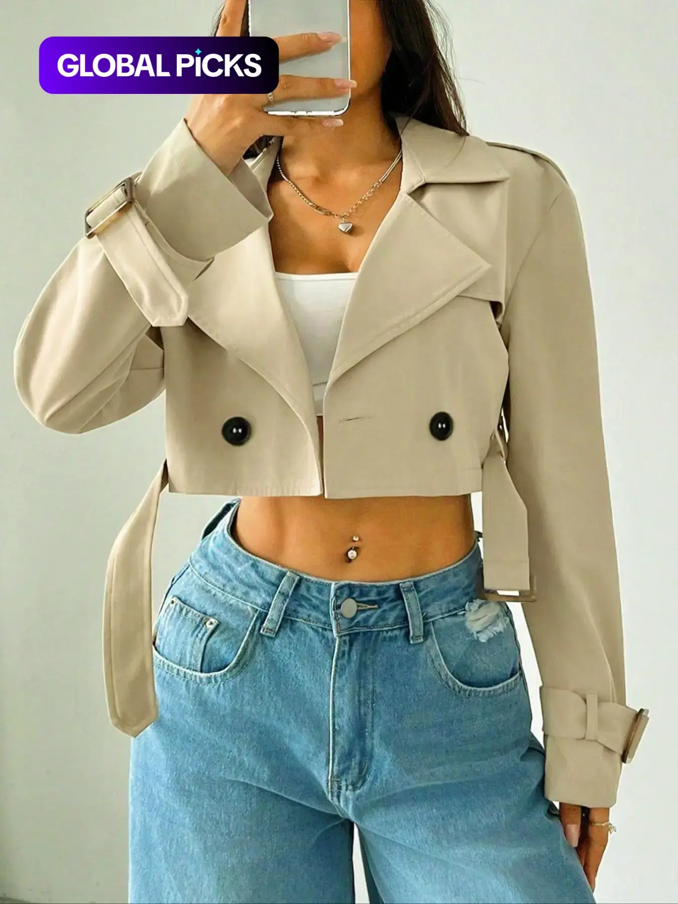 Women's Plain Fitted Crop Trench Coat - Solid, Double-Button, Belted Lapel Neckline, Long-Sleeve, Casual Womenswear Outerwear for Spring & Fall, Daily Wear Tops Lady Blazer Jacket Cropped Blazer