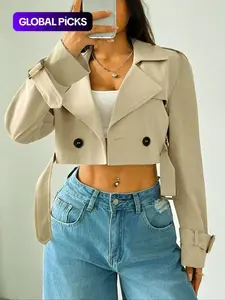 Women's Plain Fitted Crop Trench Coat - Solid, Double-Button, Belted Lapel Neckline, Long-Sleeve, Casual Womenswear Outerwear for Spring & Fall, Daily Wear Tops Lady Blazer Jacket