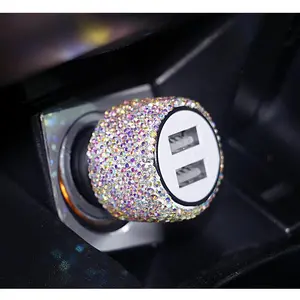 Bling Dual USB Car Charger with Diamond Design Cigarette Lighter Adapter Fast Charging Port Compact Plug and Play Safety Hammer Emergency Tool Car Accessories for Women and Girls