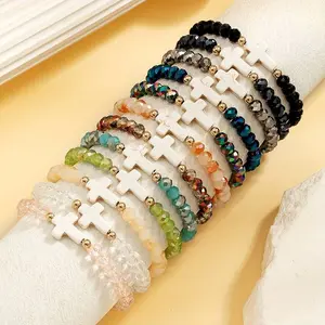 12pcs Vintage Elegant Colored Glass Beaded Cross Bracelet Set, Women'S Elastic Stackable Bracelet Jewelry, Suitable for Daily Wear, Gift for Family And Friends