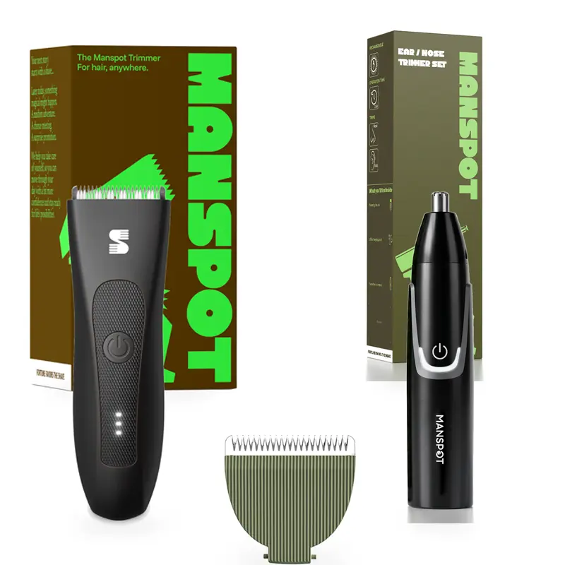 SPOTMATE Men's Grooming Kit, Manscape Groin & Body Hair Trimmer, Replaceable Ceramic Blade, 4 Guards, 90 Min, IPX7 Wet/Dry, Nose & Ear Hair Trimmer, Painless Double Edge Blades, Quiet Cordless USB-C, Extra Replacement Shaver Blade
