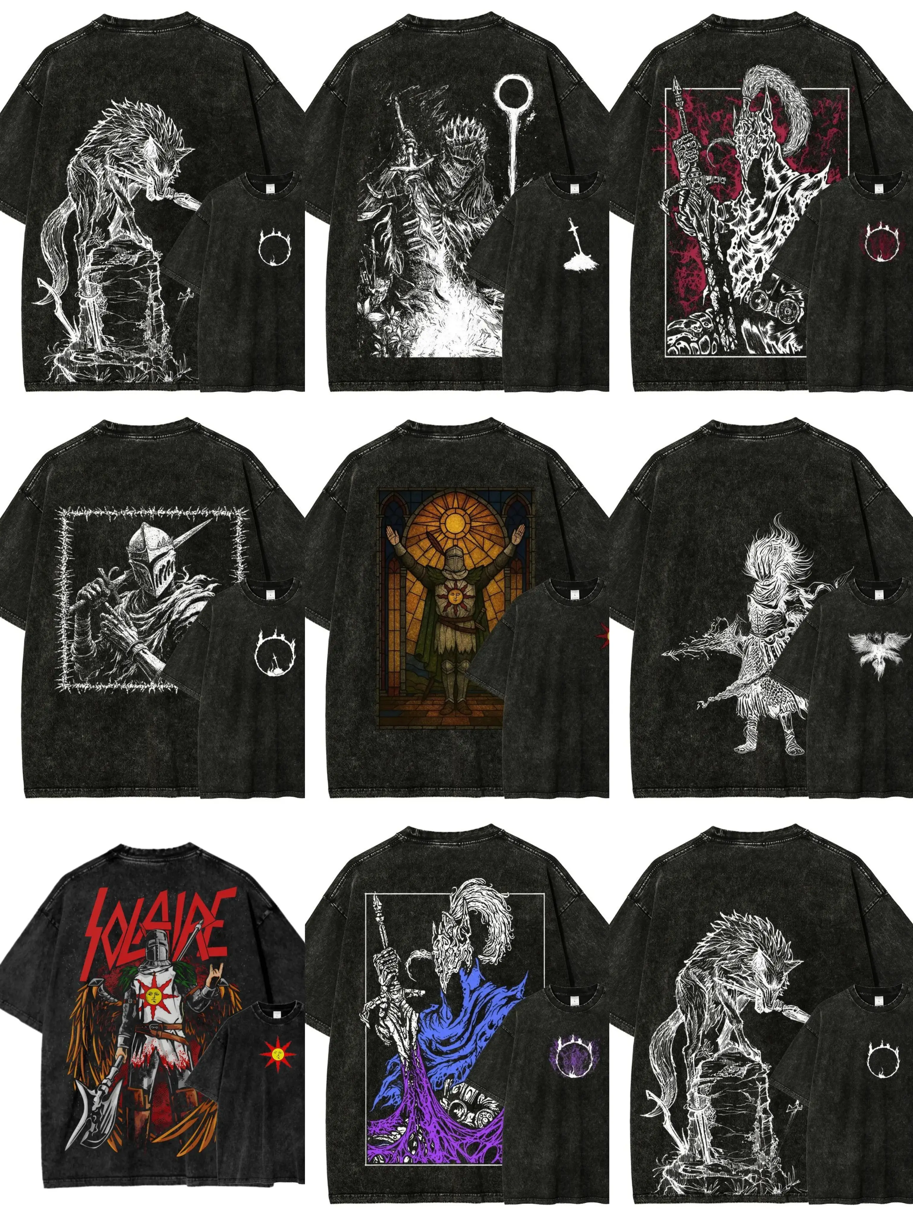 Dark Souls Artorias Inspired Graphic T Shirt,Vintage Washed Black Tee for Men,Gothic Fantasy Knight Warrior Print Shirt, Abyss Walker Illustration Oversized Streetwear Top,Distressed Acid Wash Short Sleeve Clothing, Retro Gaming Apparel for Soulslike Fans