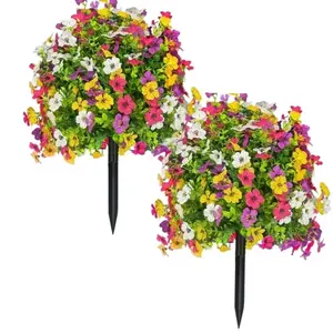 Artificial Plants with Ground Stakes (2 Sets), UV Resistant Fake Shrubs, Vibrant Faux Flowers for Home Garden Decor, Porch, Window Frames, Yard, Seasonal Celebrations