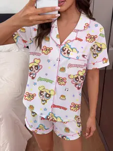 Women's Powerpuff Girls Print Pajama Set, Short Sleeve Cartoon Loungewear, Comfortable Sleepwear for Everyday Wear