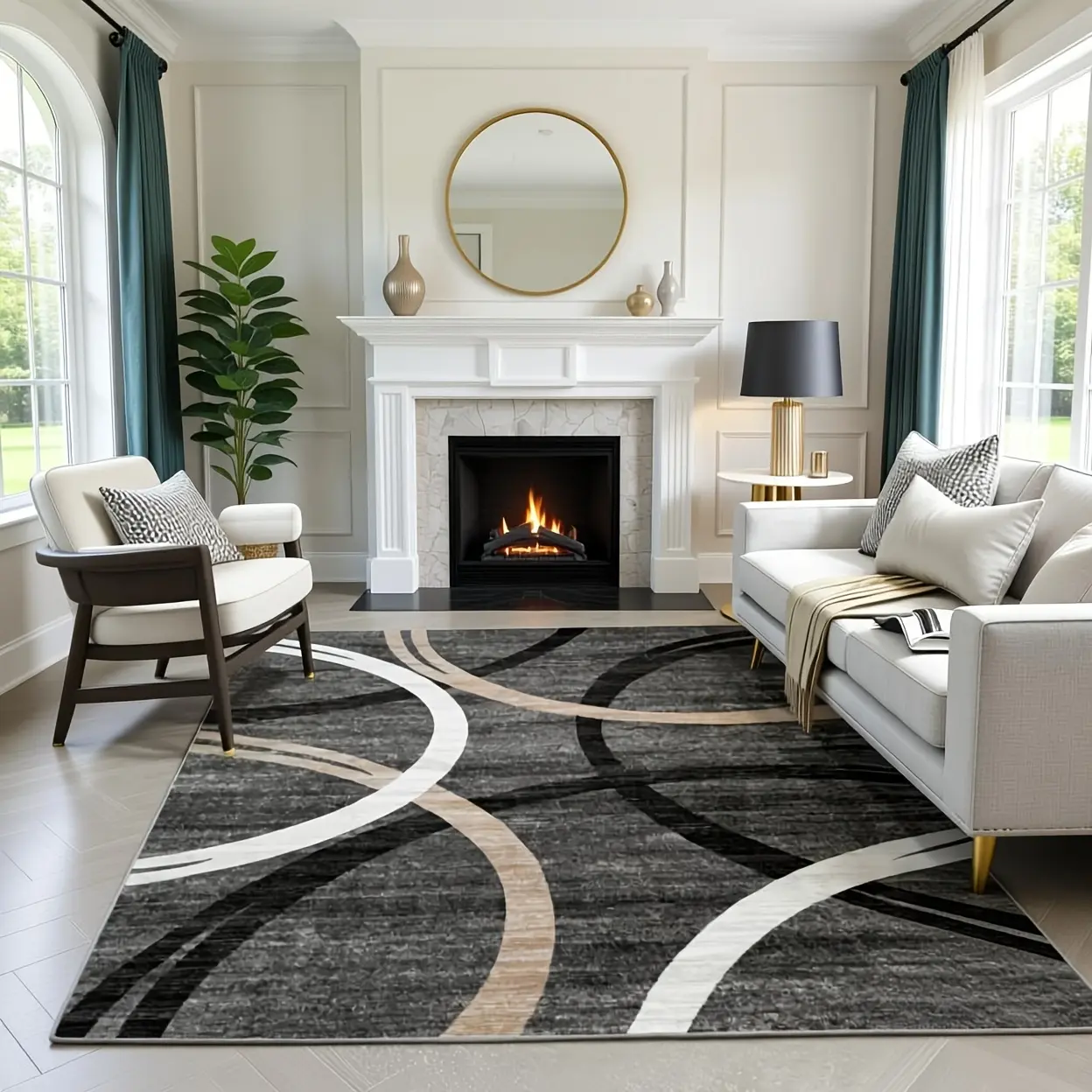 5'X7' Contemporary Abstract Area Rug - Washable, Non-Slip, Ultra-Thin Black and White Rugs for Living Room, Home Decoration for Bedroom, Living Room Rugs