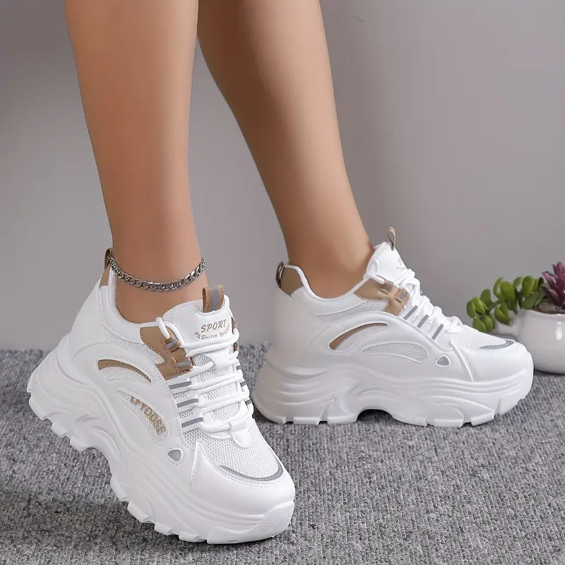 Women's Casual Mid Top Sneakers, Solid Color Breathable Mesh Lace-Up Walking Shoes with a Thick Platform Sole, Rubber, Round Toe, Casual Wear, Man-Made Fabrics, All-Season