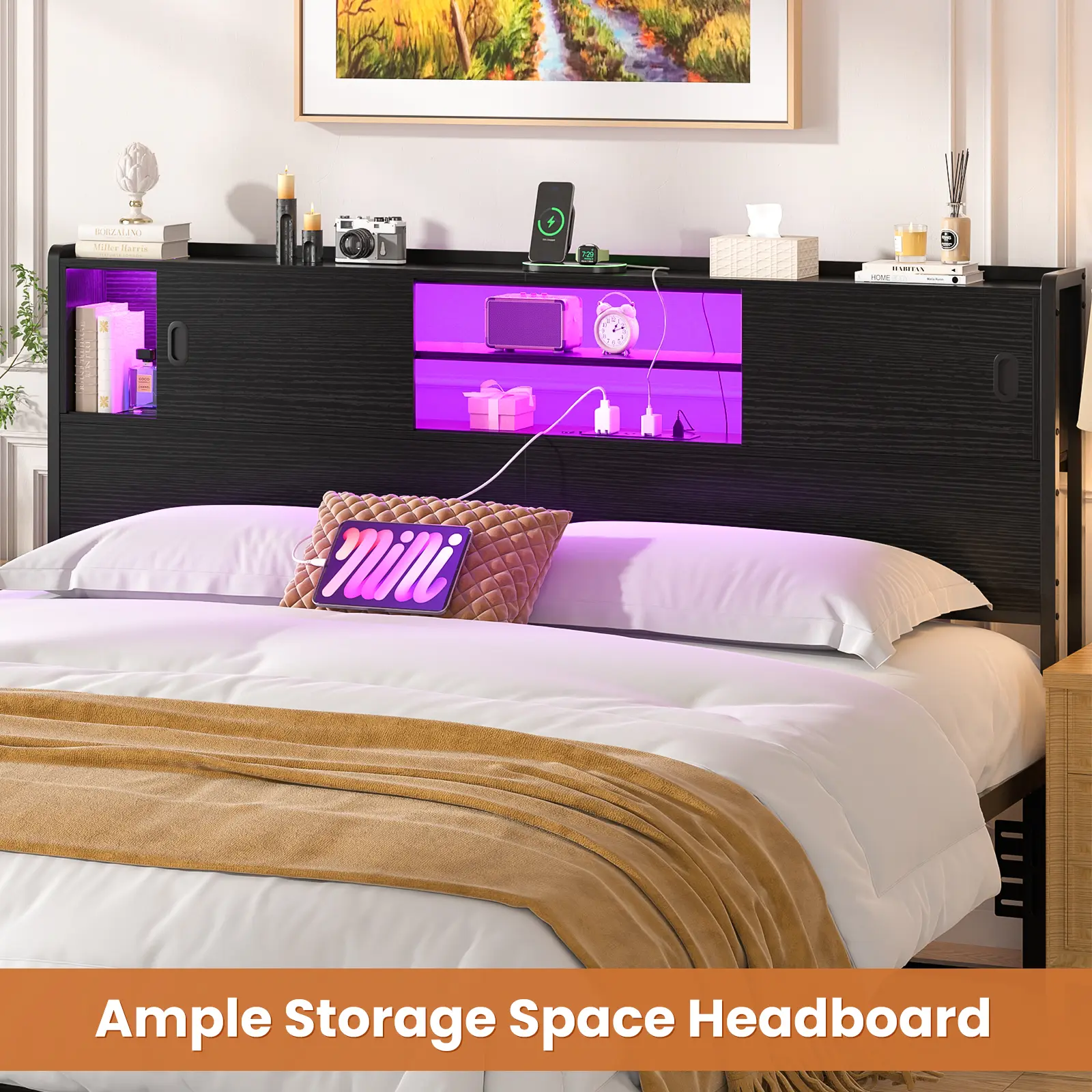 Homieasy Sturdy Headboard for Bed Frame, Cabinet Storage Head board with Power Outlet & LED light, Headboards with Sliding Door &  Storage Shelf