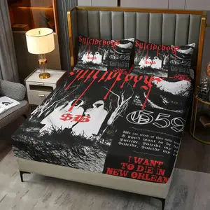 Suicideboys Ghost Fitted Sheet Complete Set (3-Piece, 1 Fitted Sheet + 2 Pillowcases), Dark Hip-Hop Print, Soft Bedding, Perfect for Decor & Music Fans, Ideal Gift for Suicideboys Enthusiasts, Gothic Theme