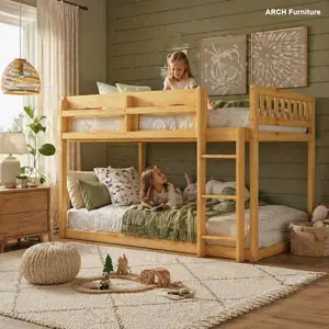 ARCH Low Twin Over Twin Bunk Bed, Floor Bunk Bed with Ladder, Solid Wood Twin Bunk Bed for Kids & Juniors, Natural(Expect Arrival Date 2025/11/25)