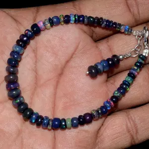 Opal Bracelet Natural Ethiopian Black Opal Gemstone Fire Beads 7.5"Bracelet