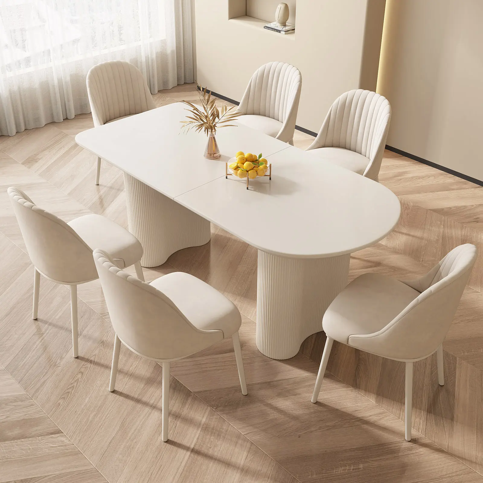 Guyii 70-Inch Sturdy Stable Modern Rectangular Dining Table Set with 4/6/8 Chairs, Cream White, for Family Meals, Indoor Kitchens Small Space Assembly Required