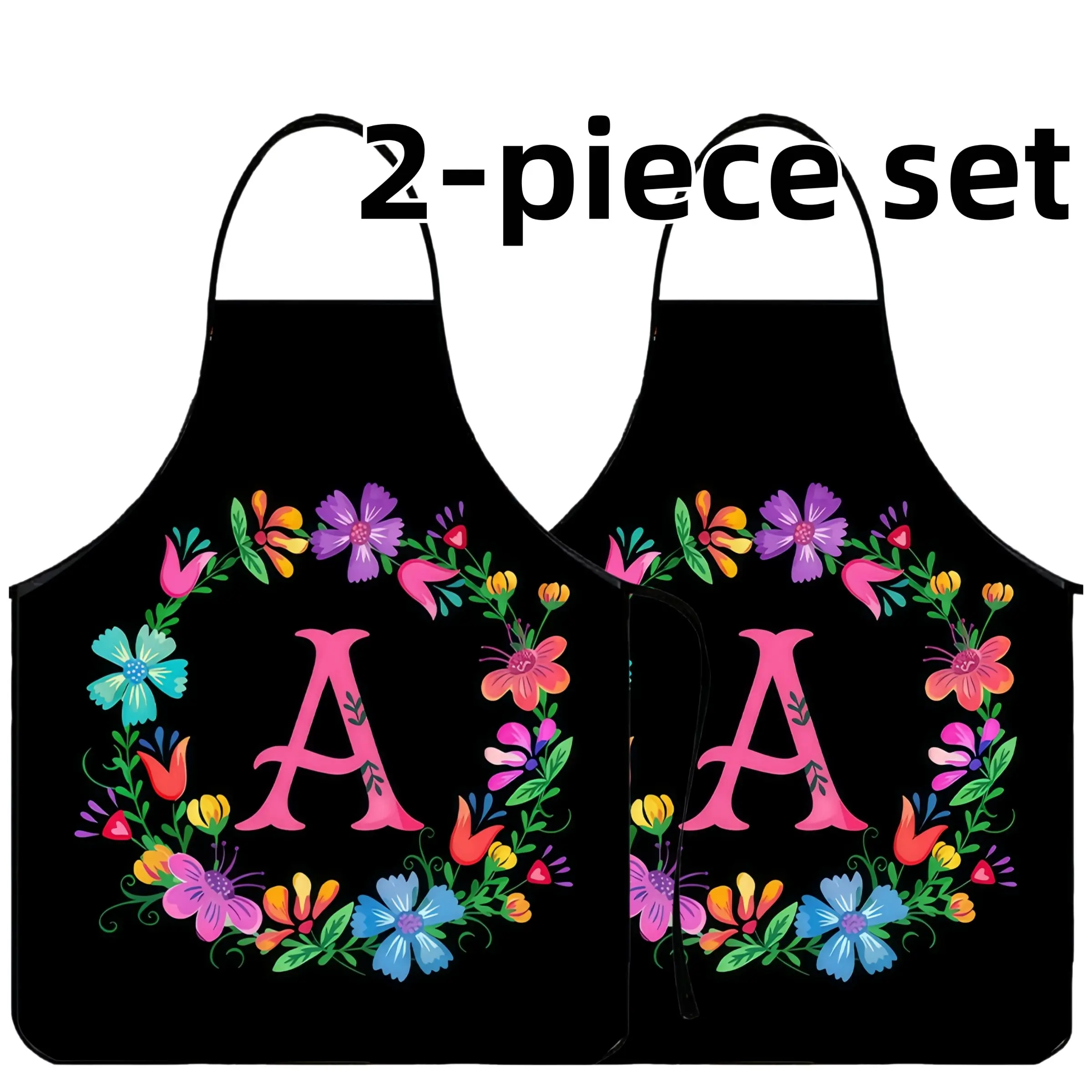 Floral Letter A Print Polyester Apron Set, 2 Counts ﻿Mother's Day Gift Apron,Cool Summer Cooking Apron,Apron for Women,Kitchen Aprons,Gift for Daughter&Mother&Wife&GF,Nails Design Tool,﻿Kitchen Essential, Flower
