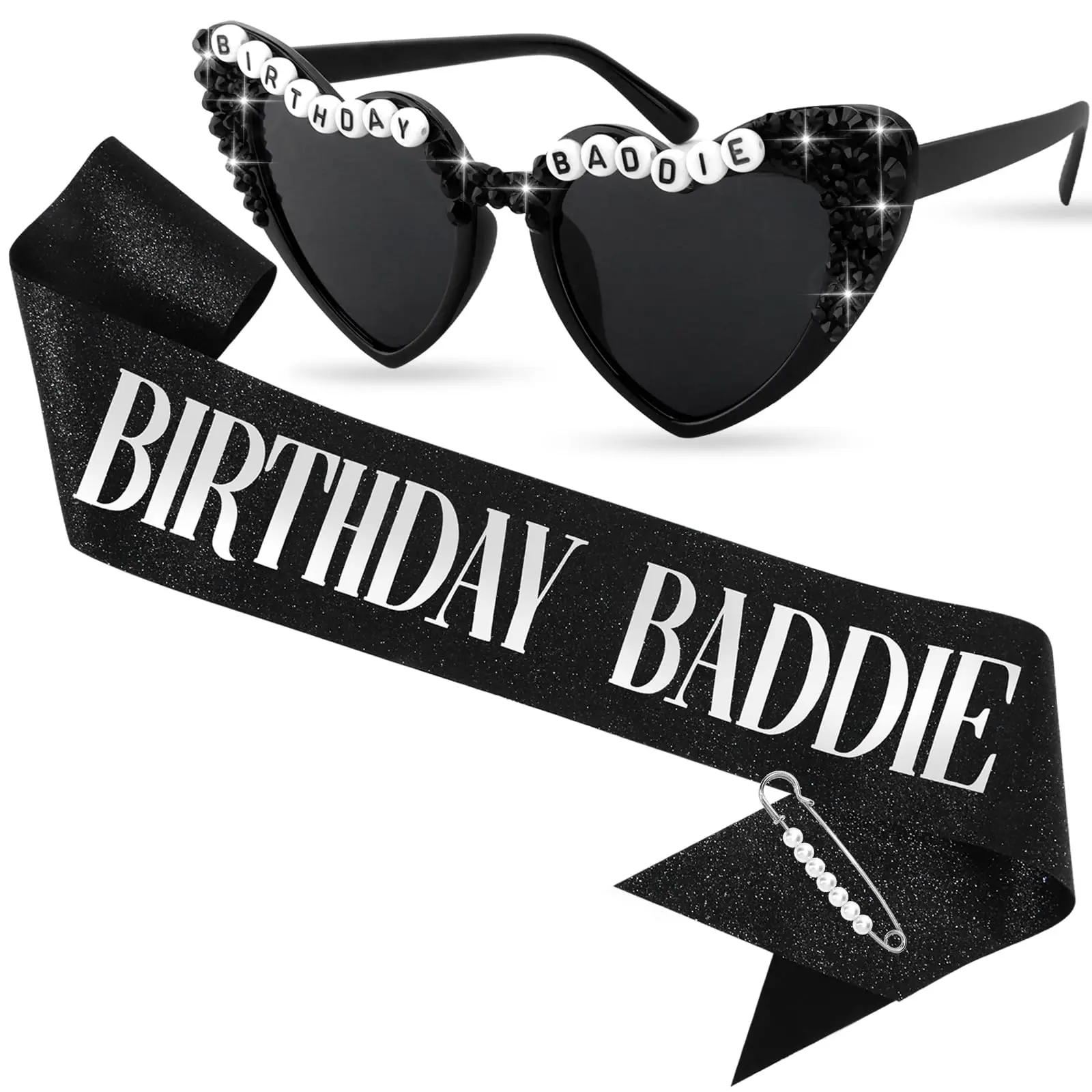 Women’s Chic 2-Piece Secure Sash-Sunglasses-Pins Set with Heart, Pearl & Rhinestone Design, Happy Birthday Adult Party Favors Decor Accessories for 21st-50th Birthdays