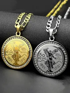 1921 Mexican 50 Pesos Coins Crystals Pendant With Necklace Jewel Necklace for Men Women Stainless Steel Gold Color Winged Victory Chain Gift Necklace Pendant Jewelry