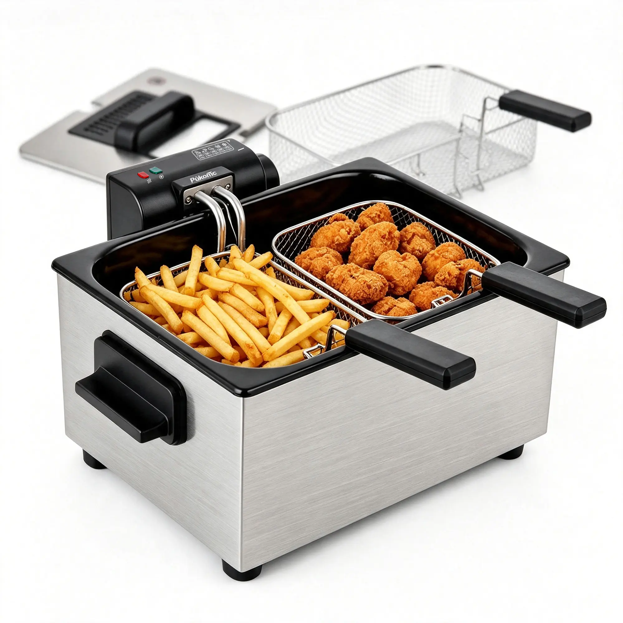 SUSTEAS Chrome Electric Deep Fryer with 3 Nonstick Baskets, 4.8 QT Oil Capacity, Cool Touch Sides, 1800W Immersed Heating Element, Adjustable Temperature (265°F to 375°F) with Absolute Control, Easy to Clean Fryer Fries Maker for Home Use