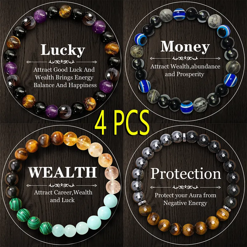 Unisex 4-Pcs Good Luck Colorblock Beaded Crystal Bracelet Set - Natural Citrine, Malachite, Smooth Glass Beads, Money Attraction, Protection, Self-Esteem Boost, Adults' Accessories, Adults' Gifts for Any Occasion