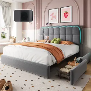 Mraeer Modern Bed Frame with 4 Big Storage Drawers for Queen/Full/Twin Size, Luxury Upholstered Platform LED Bed Frame with Built-in Charging Station & Shelf on Headboard - Contemporary Furniture, Dorms, Attic, Guestroom, 1000LBS Capacity