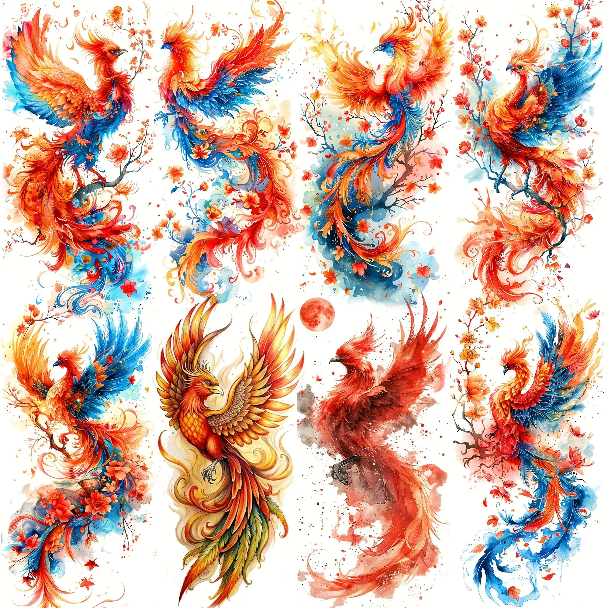 8 Gorgeous Flying Phoenix Floral Temporary Tattoos, Ephemeral Tattoos, Long-Lasting Realistic Fake Tattoo Stickers, Waterproof Body Art Decals for Women Adults