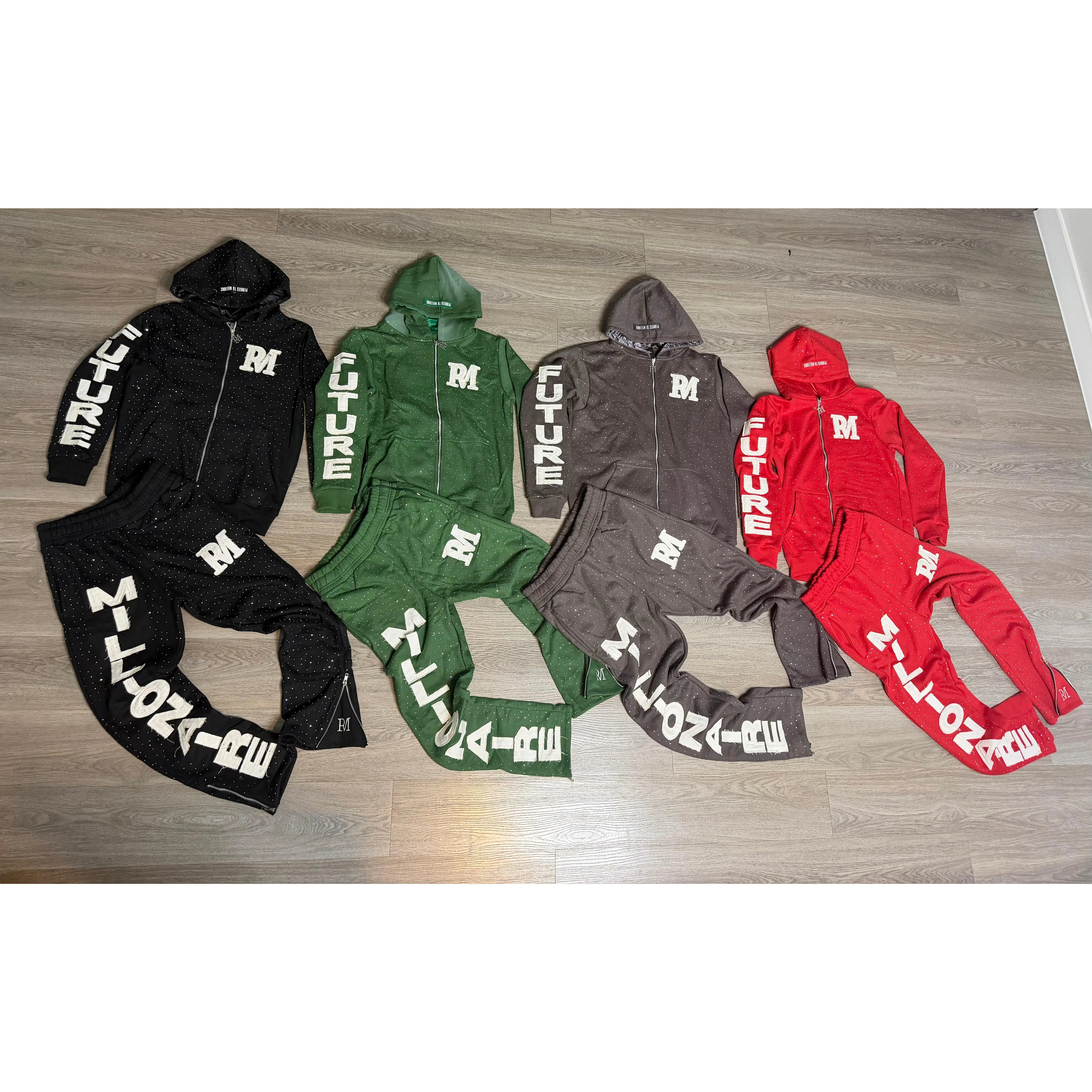 Future Millionaire 1-Set Unisex Mens Clothing - Premium Silk Fabric Hoodie with All-Over Rhinestones, Text Print "Mind Of A Hustler" on Back, Regular or Stack Zipper Leg Option, Regular Fit