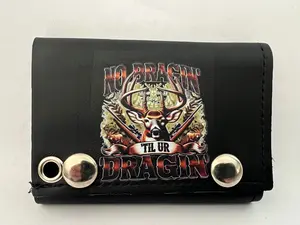 Men's Leather Chain Wallet, Motorcycle-Themed Deer Hunt Design - "No Bragin Till Ur Dragin" Motif, Motorcycle-Themed Men's Wallets