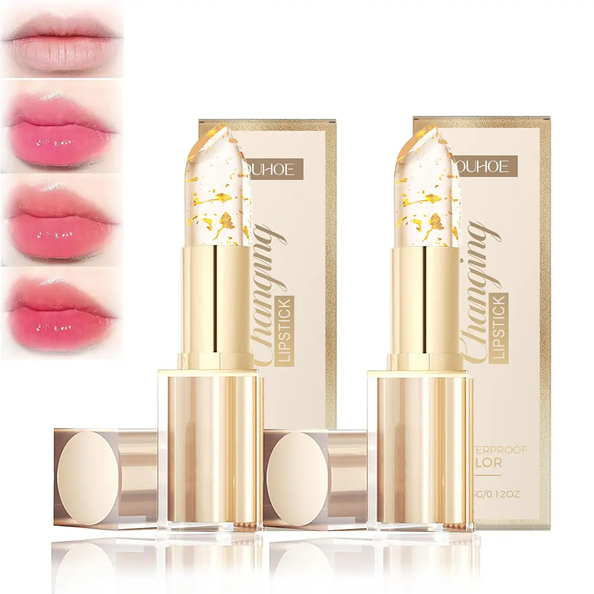 OUHOE Transferproof Color Changing Cosmetic Lipstick - Gold Crystal pH-Adjusting, 24H Hydrating, Shimmering, Lip Care Lip Gloss for Women, Berry-Toned, Makeup, Glowing Makeup, Moisturizer, Blend, Humidityreactive, All Skin, 3.5G, Vegan & Cruelty‑Free