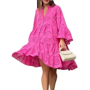 Eyelet Embroidery Notched Neck Smock Dress, Elegant Flounce Sleeve Button Front Short  Holiday Dresses Summer Piece