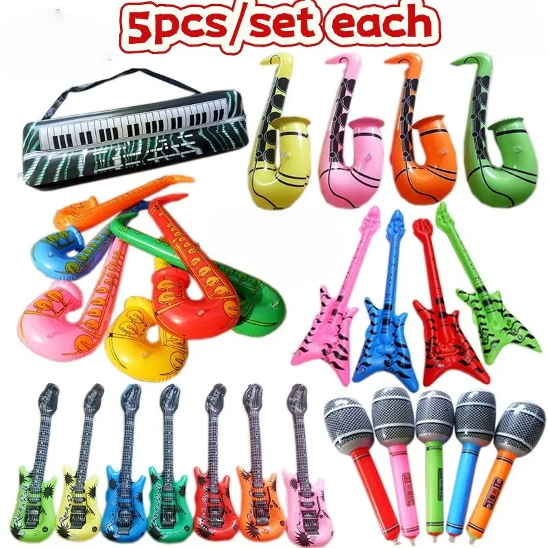 5pcs Eco-Friendly PVC Party Entertainment Stage Props, Realistic Toddler Guitar Musical Instrument Toy, Inflatable Microphone