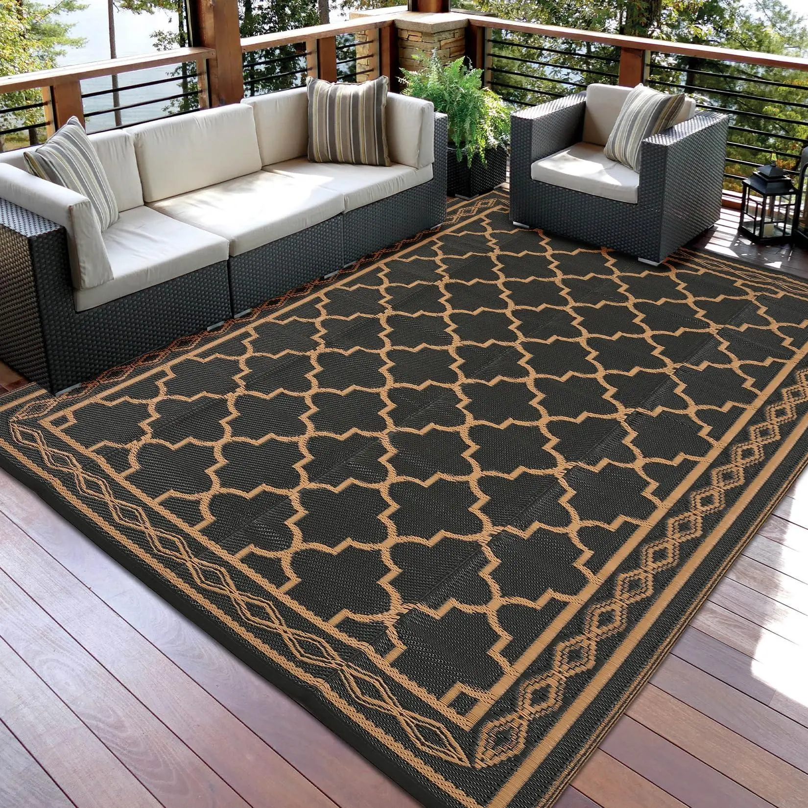 GARVEE 10x20 Outdoor Rug, Large Waterproof Reversible Plastic Straw Carpet for Deck Backyard, Easy-Clean Mat for RV Camping, Black/Brown