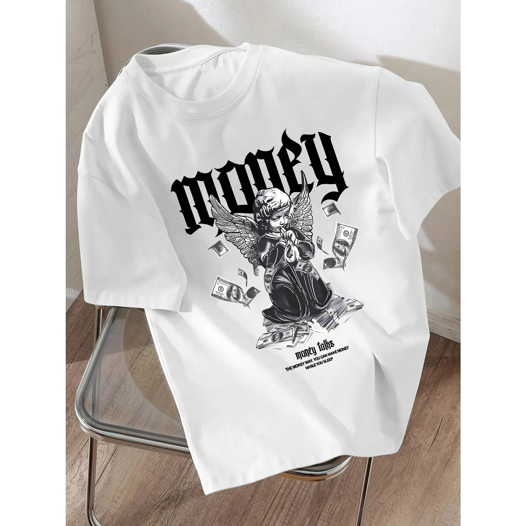 Graphic T Shirt Soft Lightweight Comfortable Casual Tee Angel Money Design Money Print Money Talks Slogan Black White Lettering Perfect Summer Loose Fit Playful
