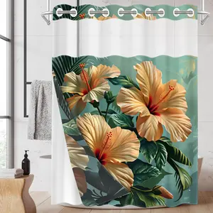 1PC 2D Flat Tropical Champagne Hibiscus Flower Shower Curtain, Cream Orange Red Core Floral Design, Waterproof Detachable Liner Bathroom Curtain (No Hooks) Installation
