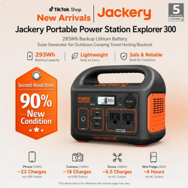 [Second-hand item in 90% new condition] Jackery Portable Power Station Explorer 300 , 293Wh Backup Lithium Battery, Solar Generator for Outdoors Camping Travel Hunting Blackout