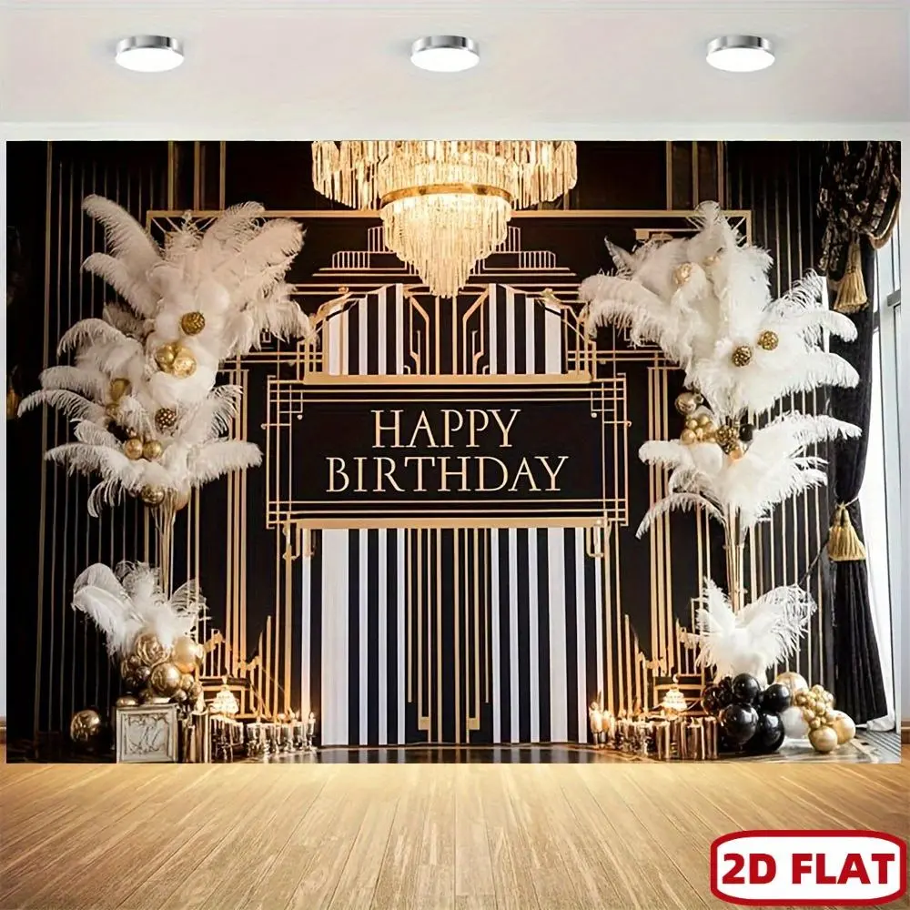 1pc Art Deco 2D Flat Gatsby-Style Black and White Striped Wall Backdrop with Golden Decorations, Chandelier, Feather Wreath - Luxury Party Decoration Supplies for Family Events, Photo Shoots