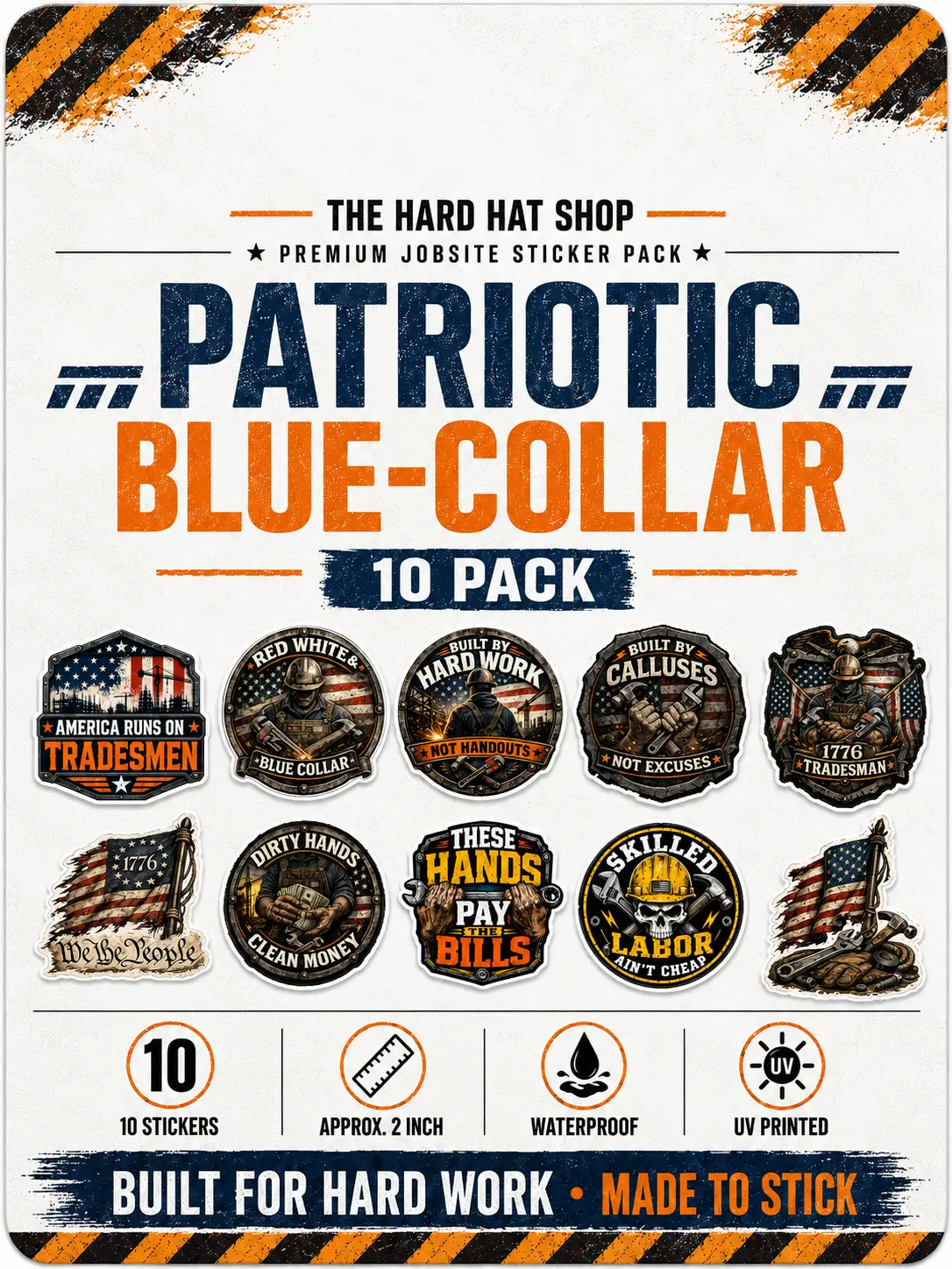 3 Packs - 30 Stickers Total. The Hard Hat Shop High Quality Hat Sticker Pack, Waterproof Vinyl Decals for Helmets, Toolboxes, Laptops, 3 Packs of 10. Blue Collar, Overtime Grind & Warning Label