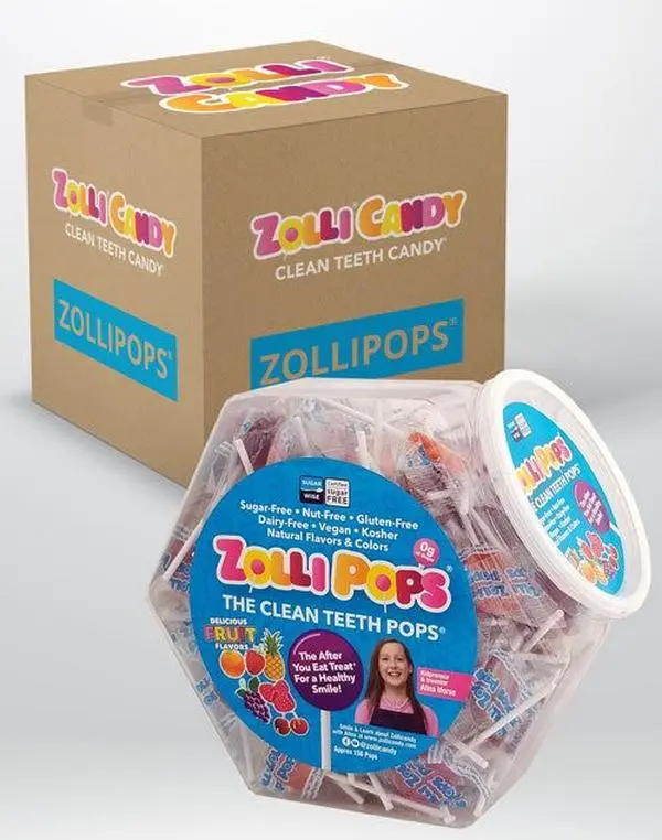 Case Zollipops Original Assorted Fruit Lollipops Large Hex Shape Jars 29oz - 16/case Sugar Free Snack Candy