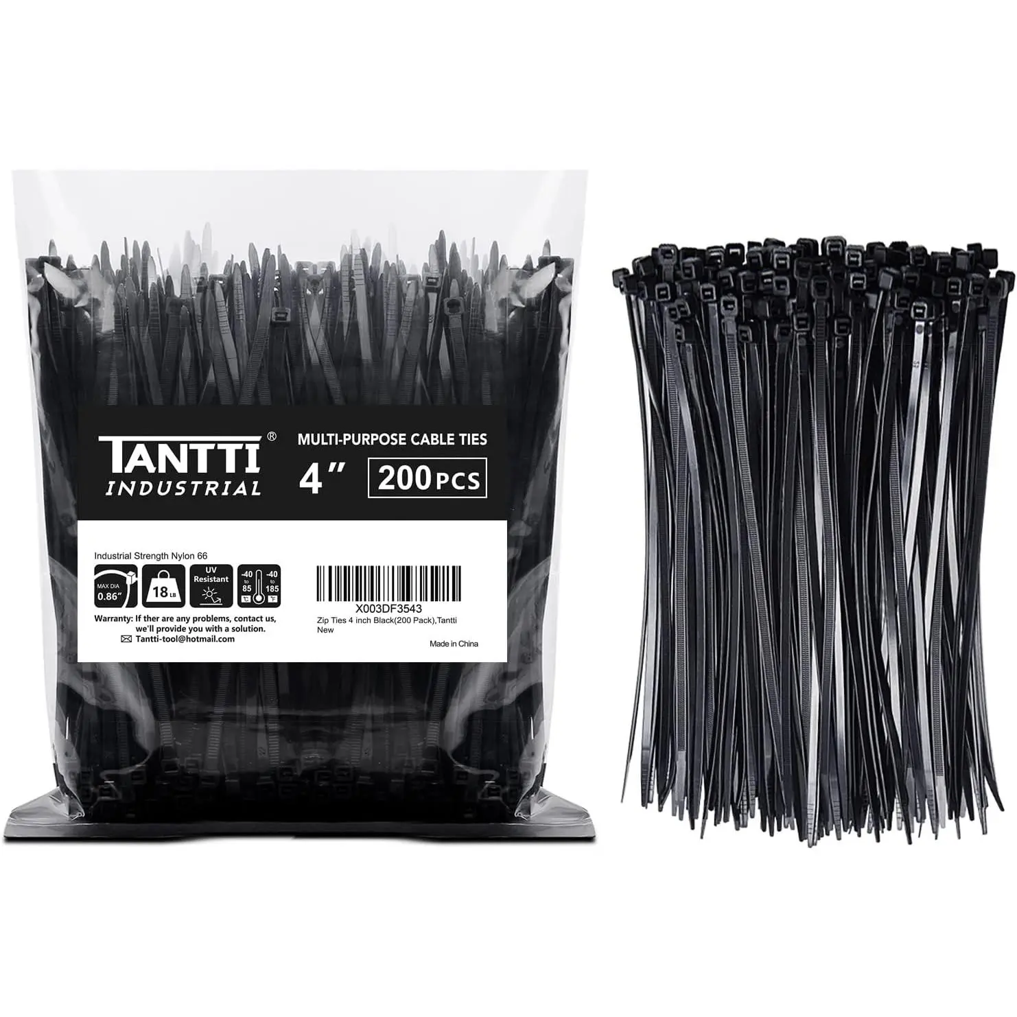 Zip Ties 4 Inch (200 Pack), Small Zip Ties with 18 Lb Tensile Strength, Black, by Tantti Supply | 18 Lb Tensile Strength, Small TANTTI