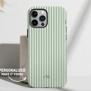 Magsafe Personalized Sage Green Phone Case, Magsafe Compatible Custom Monogram Phone Case Aesthetic Striped Phonecase Summer Coastal Phone Case Preppy Phonecase Beachy