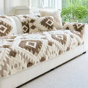 Boho Style Plush Sofa Cushion, Anti-Slip Warm Comfortable Quilted Sofa Cover, Modern Luxury Durable Washable Living Room Soft Sofa Protector, Pet-Friendly Minimalist